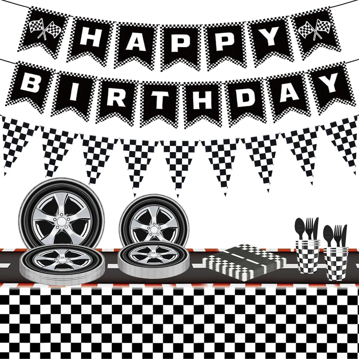 Racing Car Tyre Party Tableware Set Racing Car Party Supplies Race Car Party Plates,Napkins,Tableware，Banne,pennant Black & White Checkered Decoration Supplies.