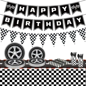Racing Car Tyre Party Tableware Set Racing Car Party Supplies Race Car Party Plates,Napkins,Tableware，Banne,pennant Black & White Checkered Decoration Supplies.