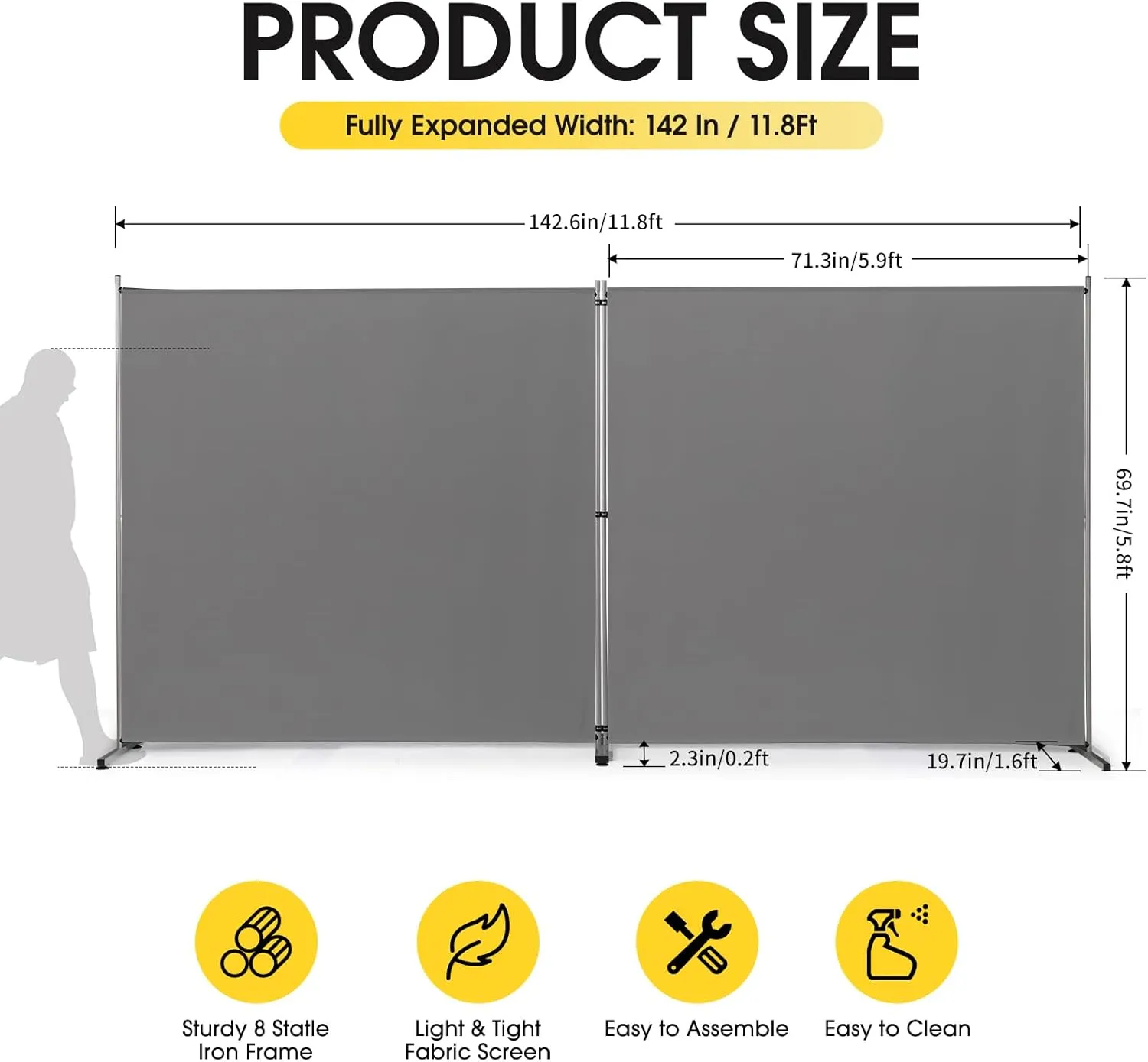 Rantila Indoor Room Divider, Portable Office Divider, Room Divider Wall Screen 2 Large Panel, Folding Partition Privacy Screen Walls Dividers for Room Separator 142" W x 71" H,Gray