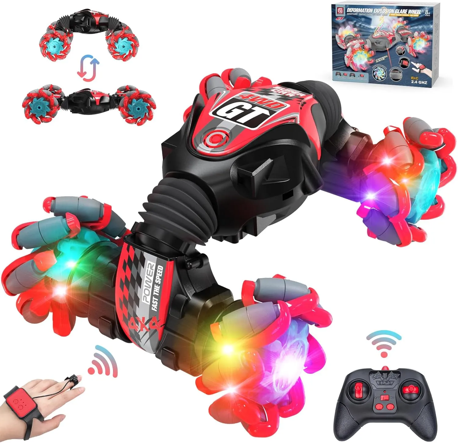 RC Car with Music & Colorful Light, 4WD Gesture RC Stunt Car, 2.4Ghz Hand Controlled Remote Transform Off Road Electric Remote Control Car Toys for Boys Kids 6-12 Years Gesture Sensing RC Stunt Car