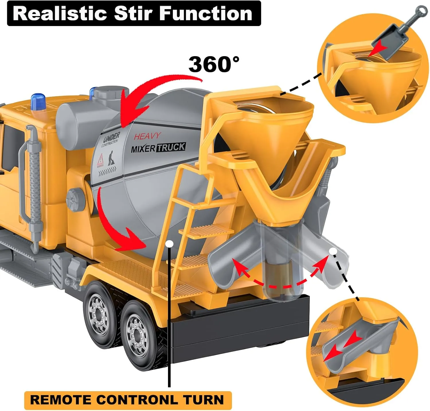 RC Cement Truck Toy, 6 Channel, 1/24 Scale, 2 Rechargeable Batteries, Boys 3-8