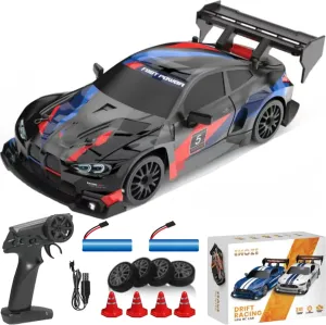 RC Drift Car, 1/24 Scale Mini RC Drift Car, 2.4GHz Remote Control Cars, Four Wheel Drive High Speed Racing with LED Lights, Equipped with Racing Tires and 2 Rechargeable Batteries (8607-Black)
