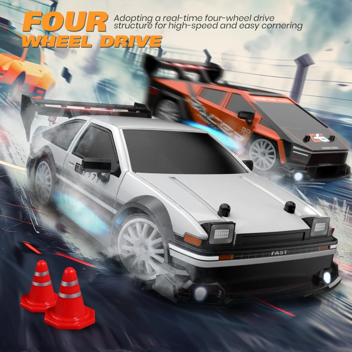 RC Drift Car, 1/24 Scale Mini RC Drift Car, 2.4GHz Remote Control Cars, Four Wheel Drive High Speed Racing with LED Lights, Equipped with Racing Tires and 2 Rechargeable Batteries (8607-Black)