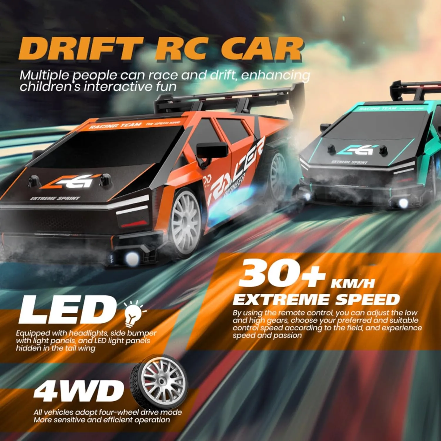 RC Drift Car, 1/24 Scale Mini RC Drift Car, 2.4GHz Remote Control Cars, Four Wheel Drive High Speed Racing with LED Lights, Equipped with Racing Tires and 2 Rechargeable Batteries (8607-Black)