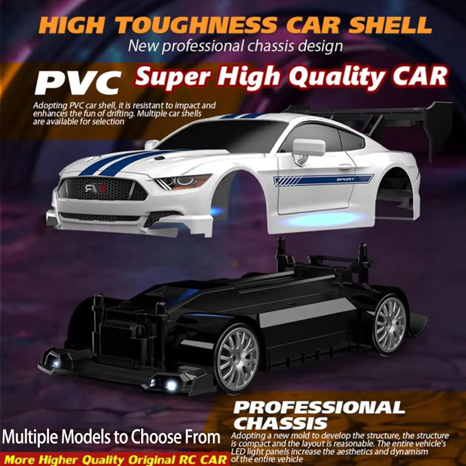 RC Drift Car, 1/24 Scale Mini RC Drift Car, 2.4GHz Remote Control Cars, Four Wheel Drive High Speed Racing with LED Lights, Equipped with Racing Tires and 2 Rechargeable Batteries (8607-Black)