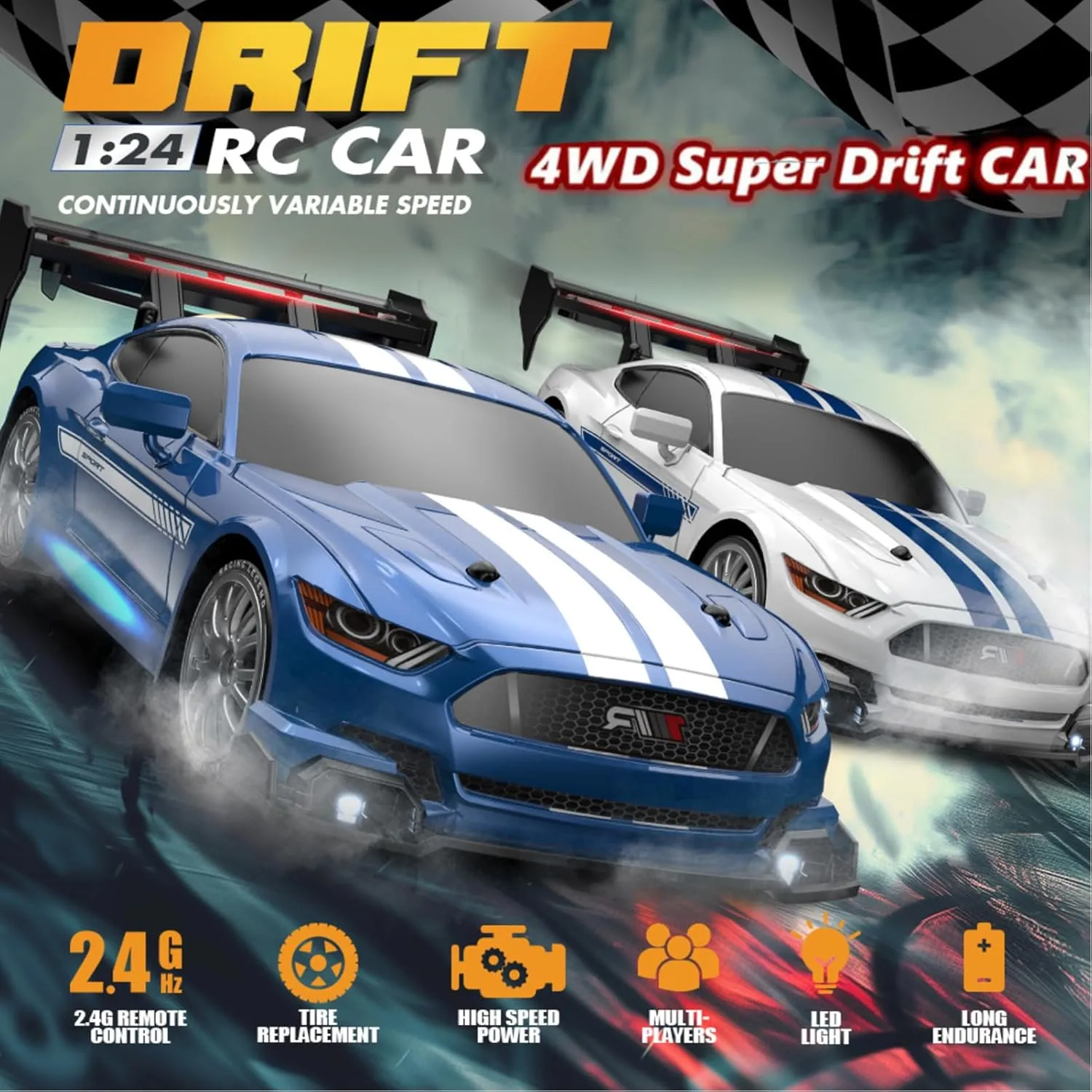 RC Drift Car, 1/24 Scale Mini RC Drift Car, 2.4GHz Remote Control Cars, Four Wheel Drive High Speed Racing with LED Lights, Equipped with Racing Tires and 2 Rechargeable Batteries (8607-Black)