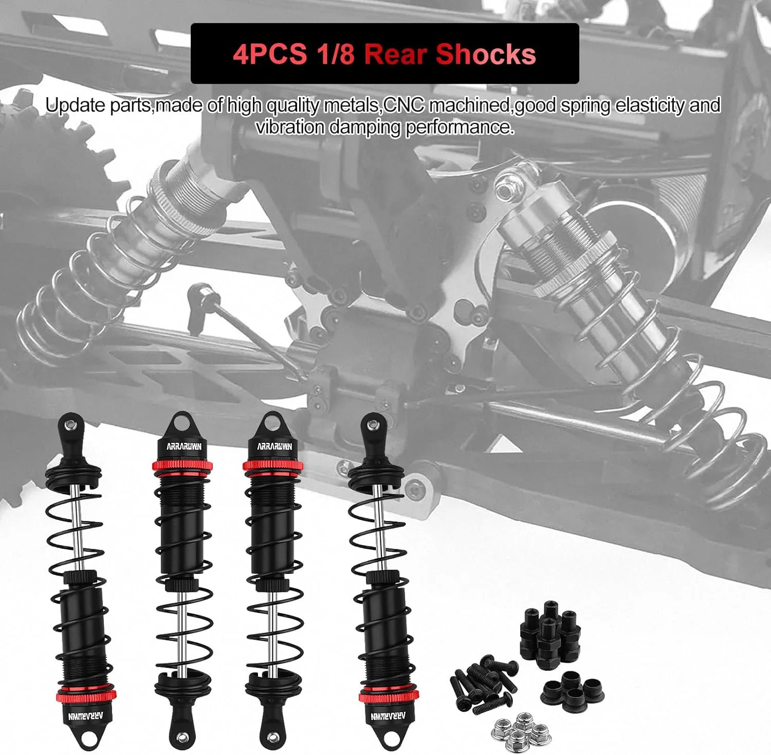 RC Shock Absorbers, 4PCS 130mm 1/8 RC Car Rear Shocks Set Adjustable Damper Springs Compatible with 1/8 Arrma Typhoon 6S HSP DHK HPI Redcat LRP Hobao FS/ZD Racing Hongnor DF-Model Buggy Truggy (Black)