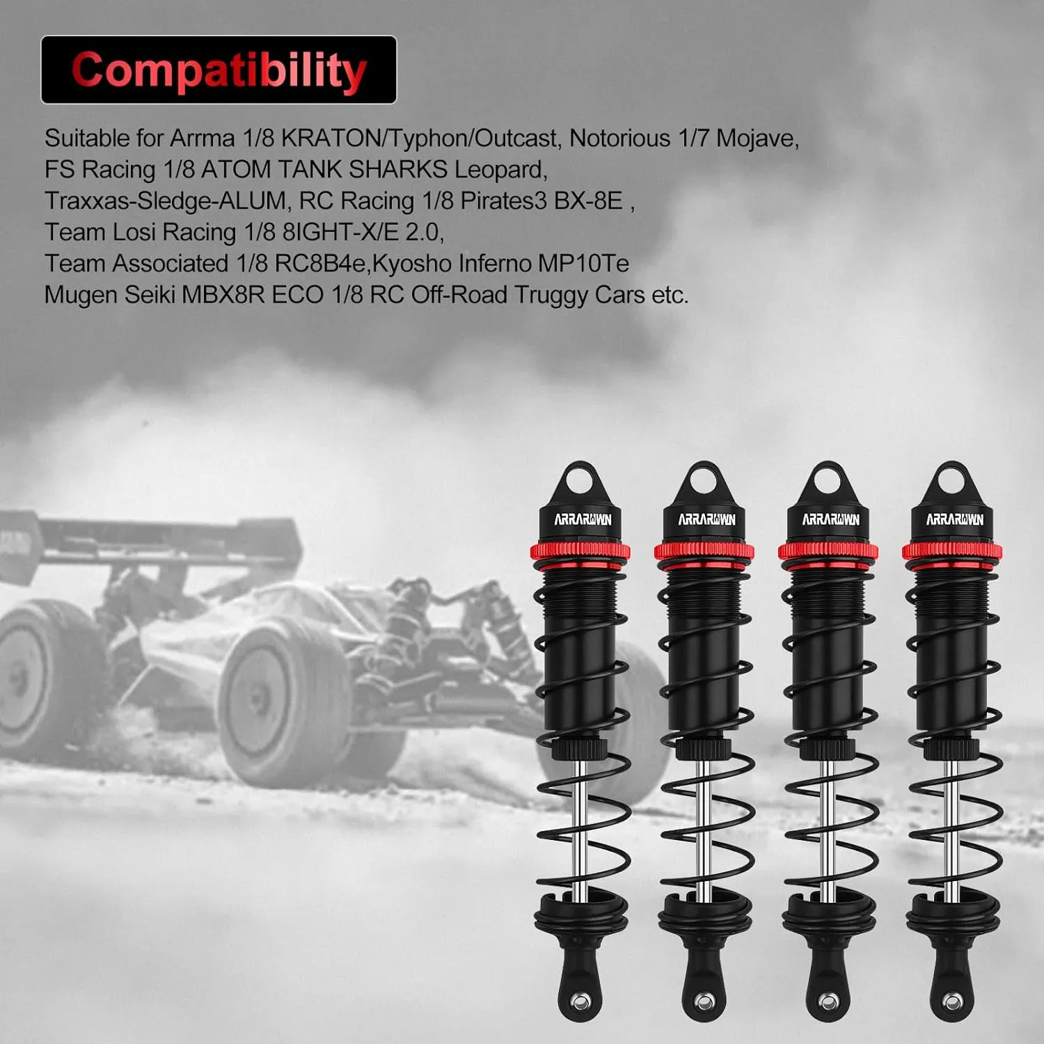 RC Shock Absorbers, 4PCS 130mm 1/8 RC Car Rear Shocks Set Adjustable Damper Springs Compatible with 1/8 Arrma Typhoon 6S HSP DHK HPI Redcat LRP Hobao FS/ZD Racing Hongnor DF-Model Buggy Truggy (Black)