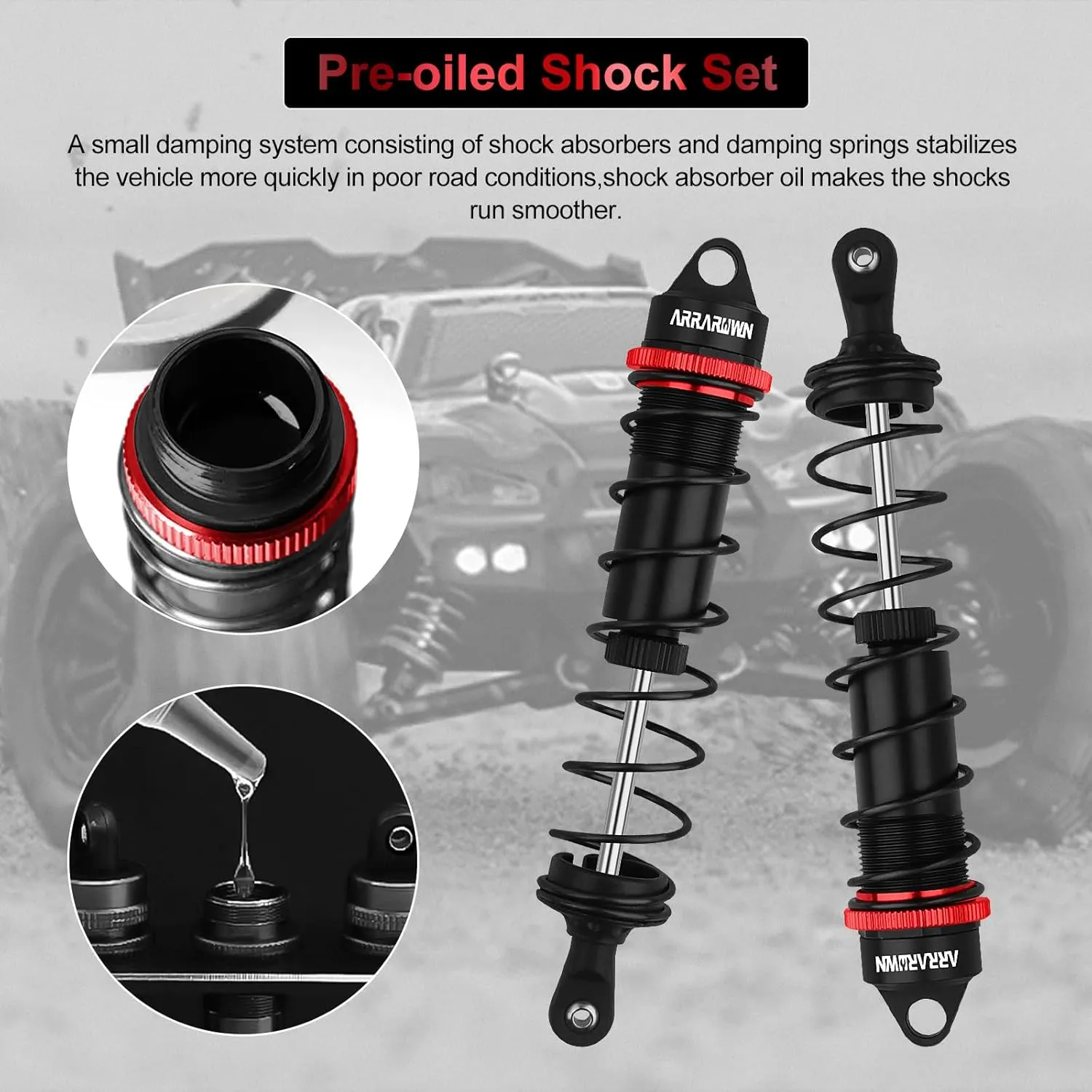 RC Shock Absorbers, 4PCS 130mm 1/8 RC Car Rear Shocks Set Adjustable Damper Springs Compatible with 1/8 Arrma Typhoon 6S HSP DHK HPI Redcat LRP Hobao FS/ZD Racing Hongnor DF-Model Buggy Truggy (Black)