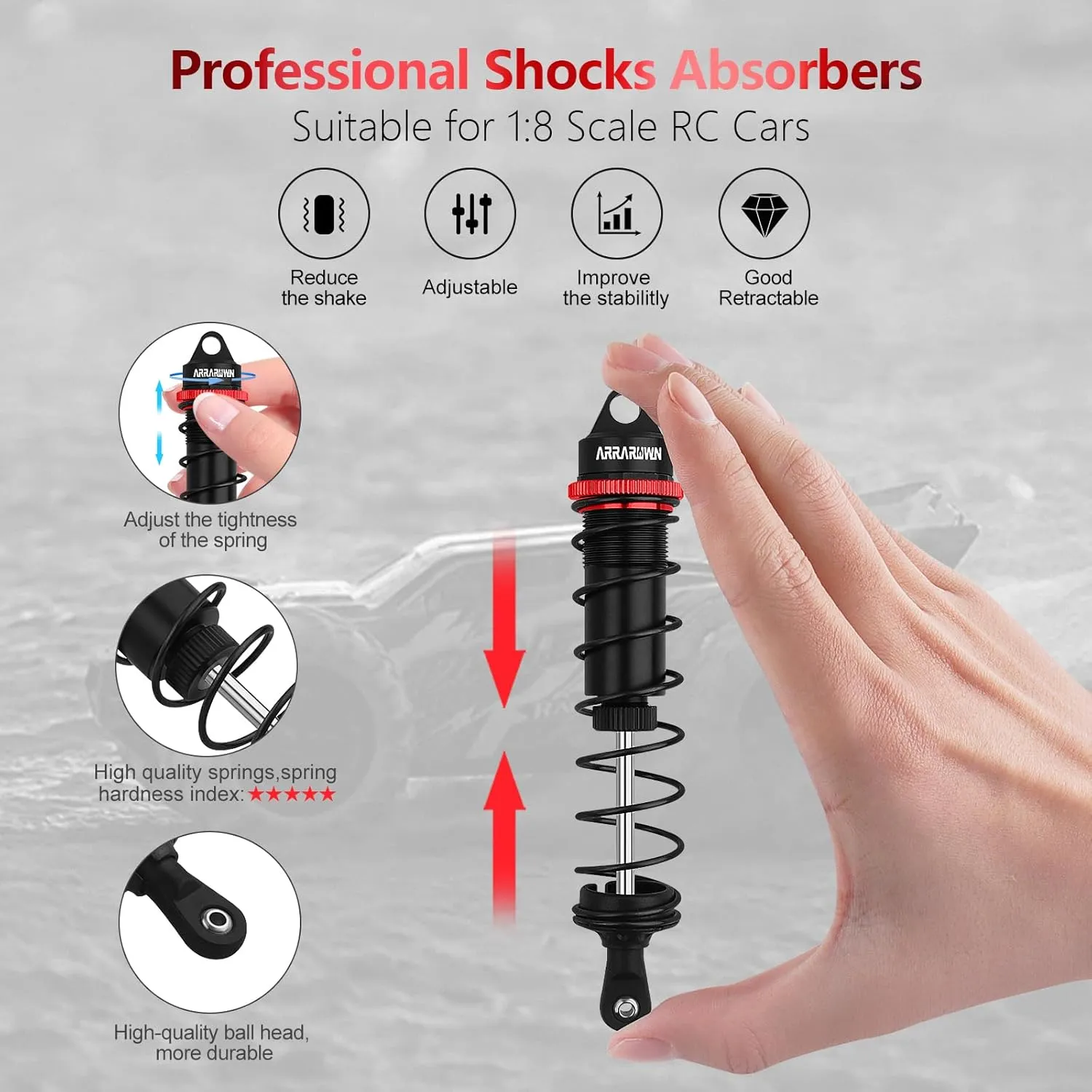 RC Shock Absorbers, 4PCS 130mm 1/8 RC Car Rear Shocks Set Adjustable Damper Springs Compatible with 1/8 Arrma Typhoon 6S HSP DHK HPI Redcat LRP Hobao FS/ZD Racing Hongnor DF-Model Buggy Truggy (Black)
