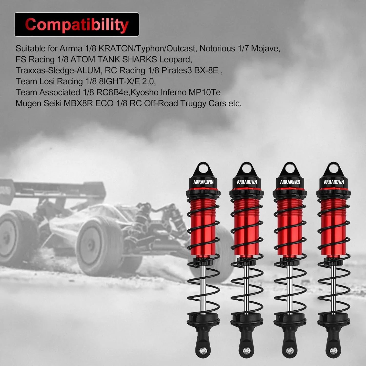 RC Shock Absorbers, 4PCS 130mm RC Car Rear Shock Absorber 1/8 Scale Adjustable Shocks Compatible with 1/8 Arrma Typhon 6S,Traxxas-Sledge-ALUM, FS Racing JLB HSP LRP Hobao Hongnor DF Truggy (Red＆Black)