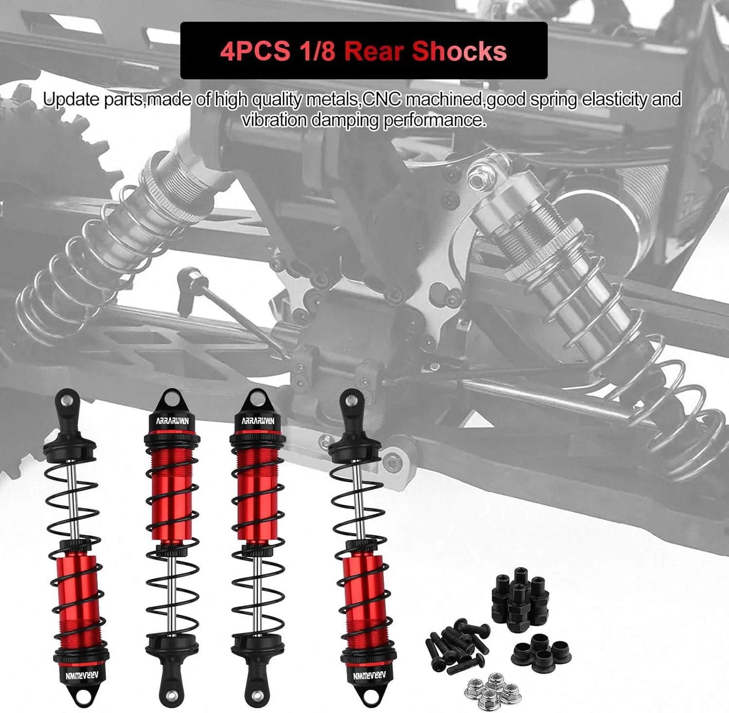 RC Shock Absorbers, 4PCS 130mm RC Car Rear Shock Absorber 1/8 Scale Adjustable Shocks Compatible with 1/8 Arrma Typhon 6S,Traxxas-Sledge-ALUM, FS Racing JLB HSP LRP Hobao Hongnor DF Truggy (Red＆Black)