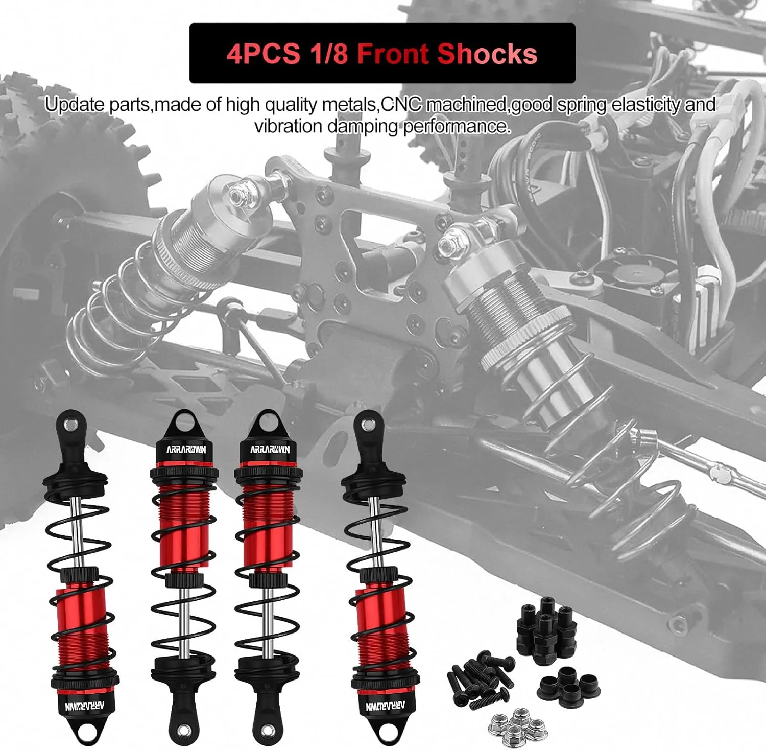 RC Shock Absorbers, 4PCS 1/8 110mm RC Car Front Shocks Set Adjustable Shocks Compatible with 1/8 Arrma Typhon 6S, FS Racing,Team Losi Racing,HSP DHK HPI Redcat ZD Racing Truck Buggy Truggy (Red＆Black)
