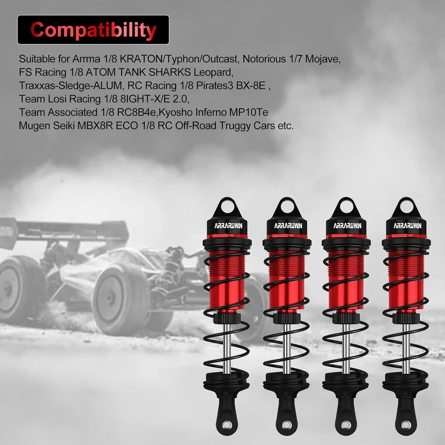 RC Shock Absorbers, 4PCS 1/8 110mm RC Car Front Shocks Set Adjustable Shocks Compatible with 1/8 Arrma Typhon 6S, FS Racing,Team Losi Racing,HSP DHK HPI Redcat ZD Racing Truck Buggy Truggy (Red＆Black)