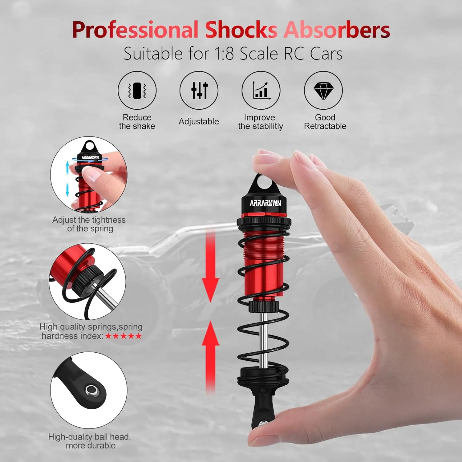 RC Shock Absorbers, 4PCS 1/8 110mm RC Car Front Shocks Set Adjustable Shocks Compatible with 1/8 Arrma Typhon 6S, FS Racing,Team Losi Racing,HSP DHK HPI Redcat ZD Racing Truck Buggy Truggy (Red＆Black)