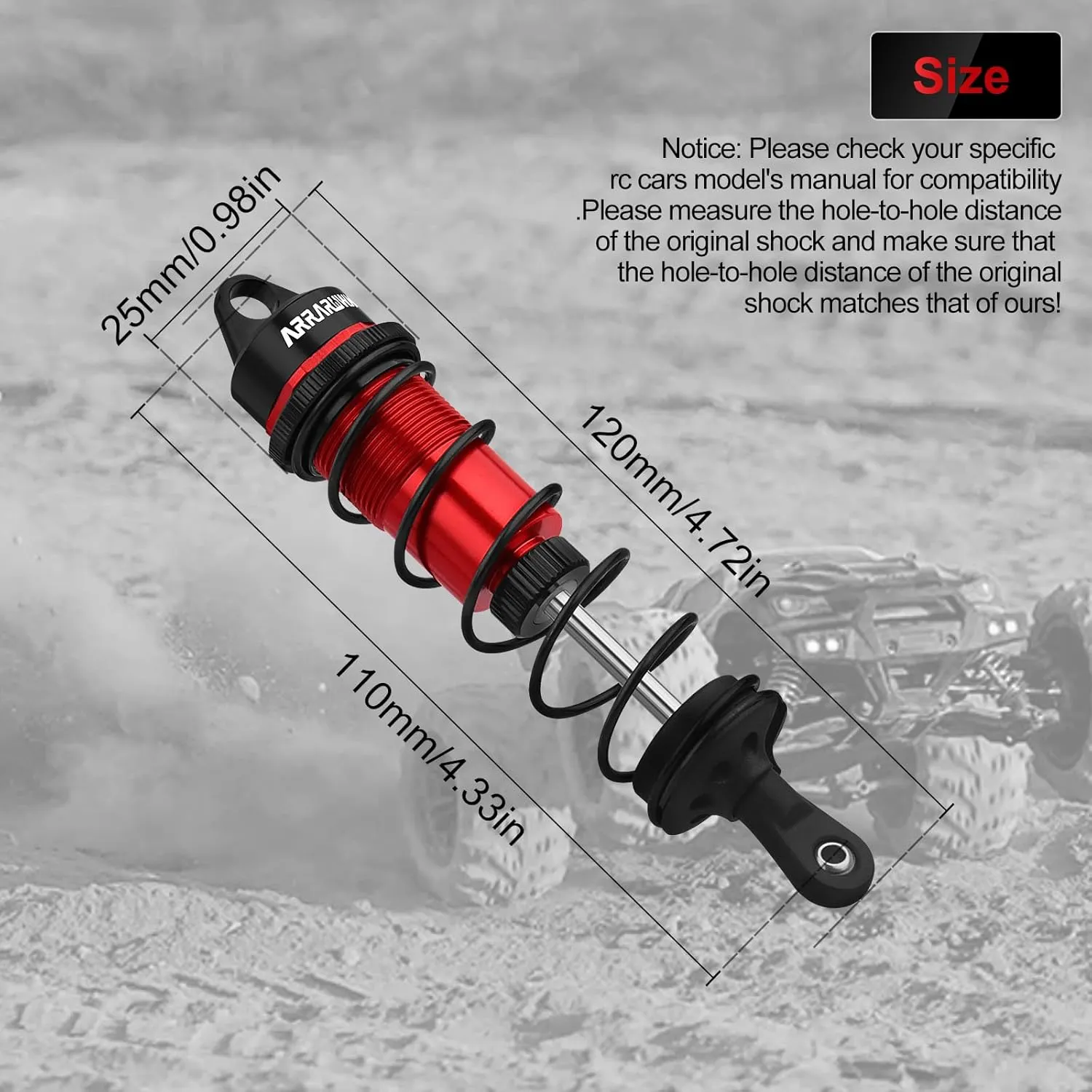 RC Shock Absorbers, 4PCS 1/8 110mm RC Car Front Shocks Set Adjustable Shocks Compatible with 1/8 Arrma Typhon 6S, FS Racing,Team Losi Racing,HSP DHK HPI Redcat ZD Racing Truck Buggy Truggy (Red＆Black)