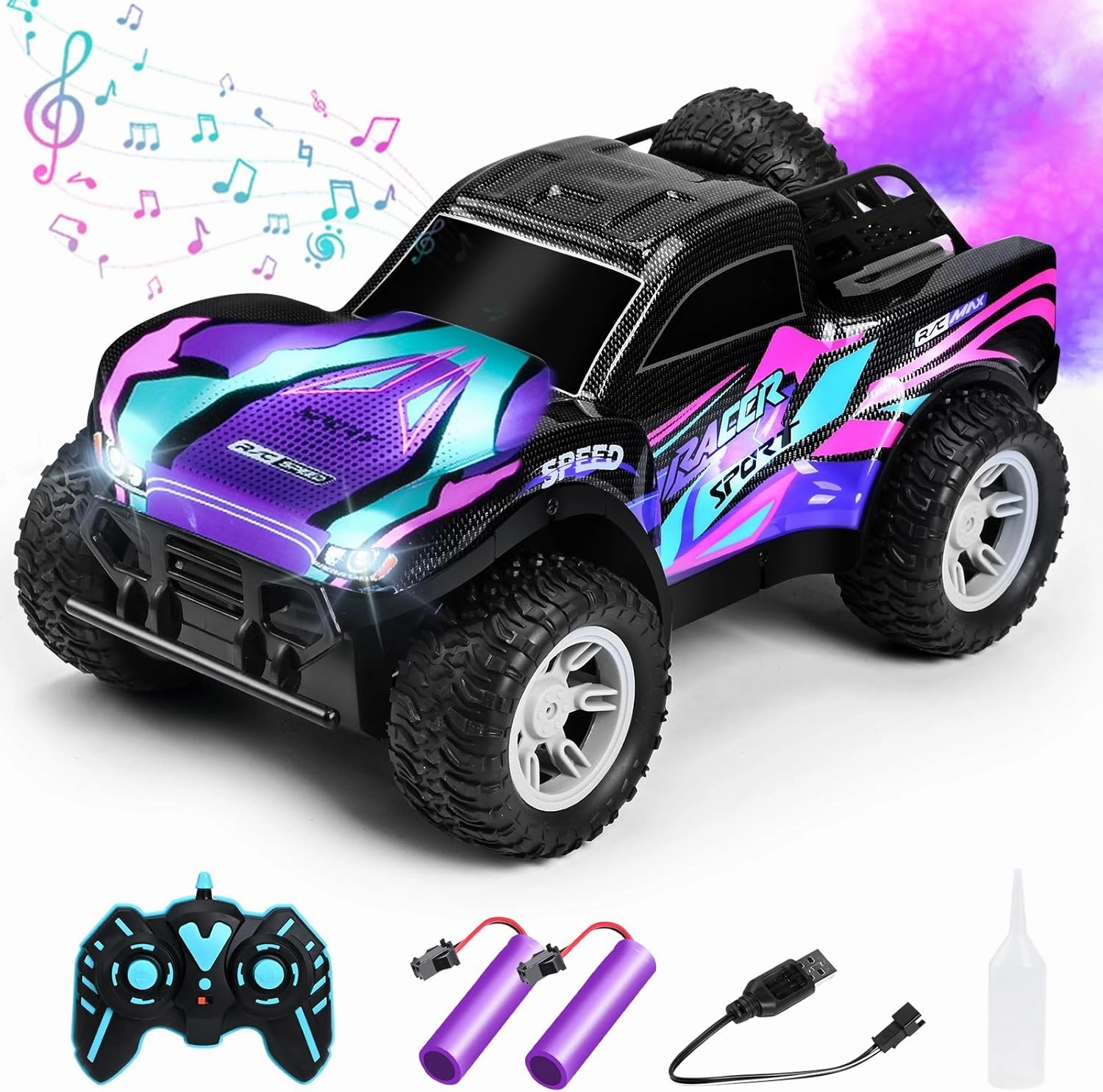 RC Cars 1:16 Remote Control Car for Boys 4-7 8-12,All Terrain Rechargeable Remote Control Truck for Kids, 2.4GHz Rc Monster Truck with Bodylight&Music&Spray, 20KM/H Car Toys for Ages 5-7, 8-13 Purple