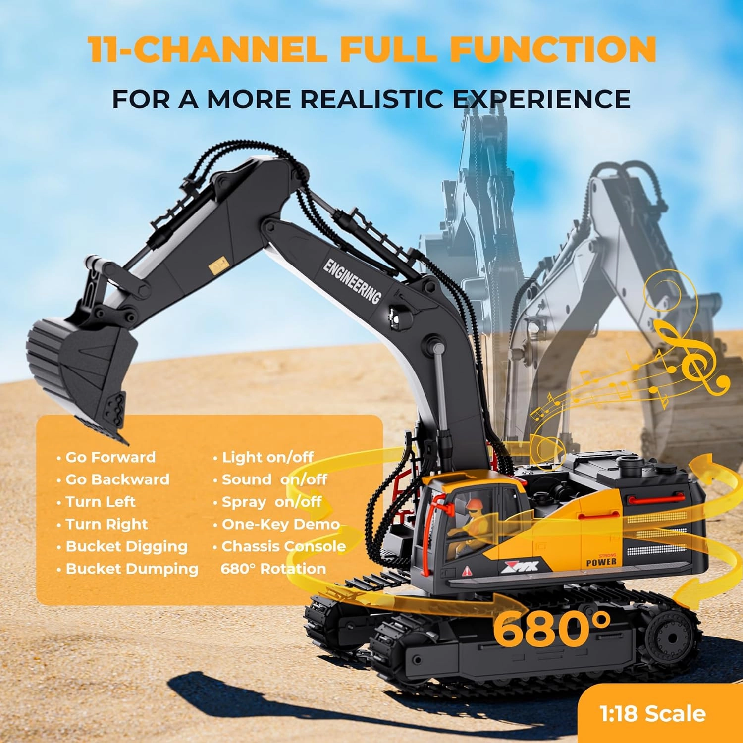 RC Excavator Toy for Boys -11CH Remote Control Excavator with Metal Shovel, Lights, Sound & Spray, 2×600mAh Rechargeable, 2.4Ghz RC Construction Vehicle, Digger Toys for Boys 3-5 4-7 8-12