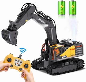 RC Excavator Toy for Boys -11CH Remote Control Excavator with Metal Shovel, Lights, Sound & Spray, 2×600mAh Rechargeable, 2.4Ghz RC Construction Vehicle, Digger Toys for Boys 3-5 4-7 8-12