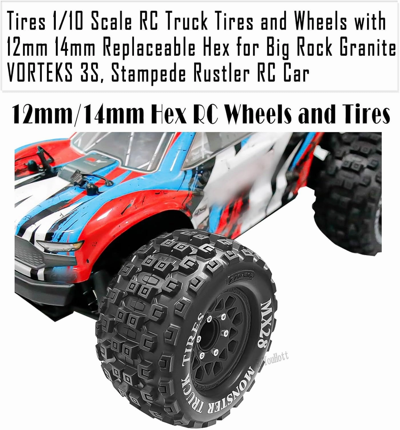 RC MX28 2.8" Truck Tires Wheel for 1/10 Big Rock Granite Vortek 3s/Stampede Rustler RC Car,RC Wheels Tires w/12mm/14mm Replaceable Hex.Black(4PCS)