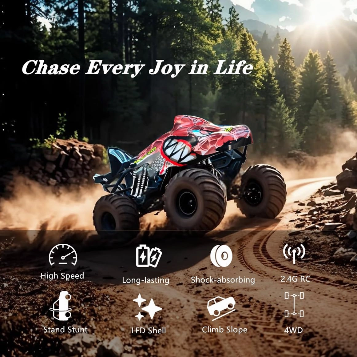 RC Shark Monster Truck Toy 1:16 2.4GHz Remote Control Car 2 Speeds with Light Sound Sprayer 2 Rechargeable Batteries Kids Gifts for Boys Girls Ages 6-12 Years Old-Red