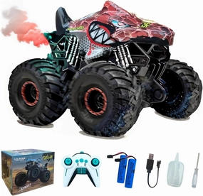 RC Shark Monster Truck Toy 1:16 2.4GHz Remote Control Car 2 Speeds with Light Sound Sprayer 2 Rechargeable Batteries Kids Gifts for Boys Girls Ages 6-12 Years Old-Red