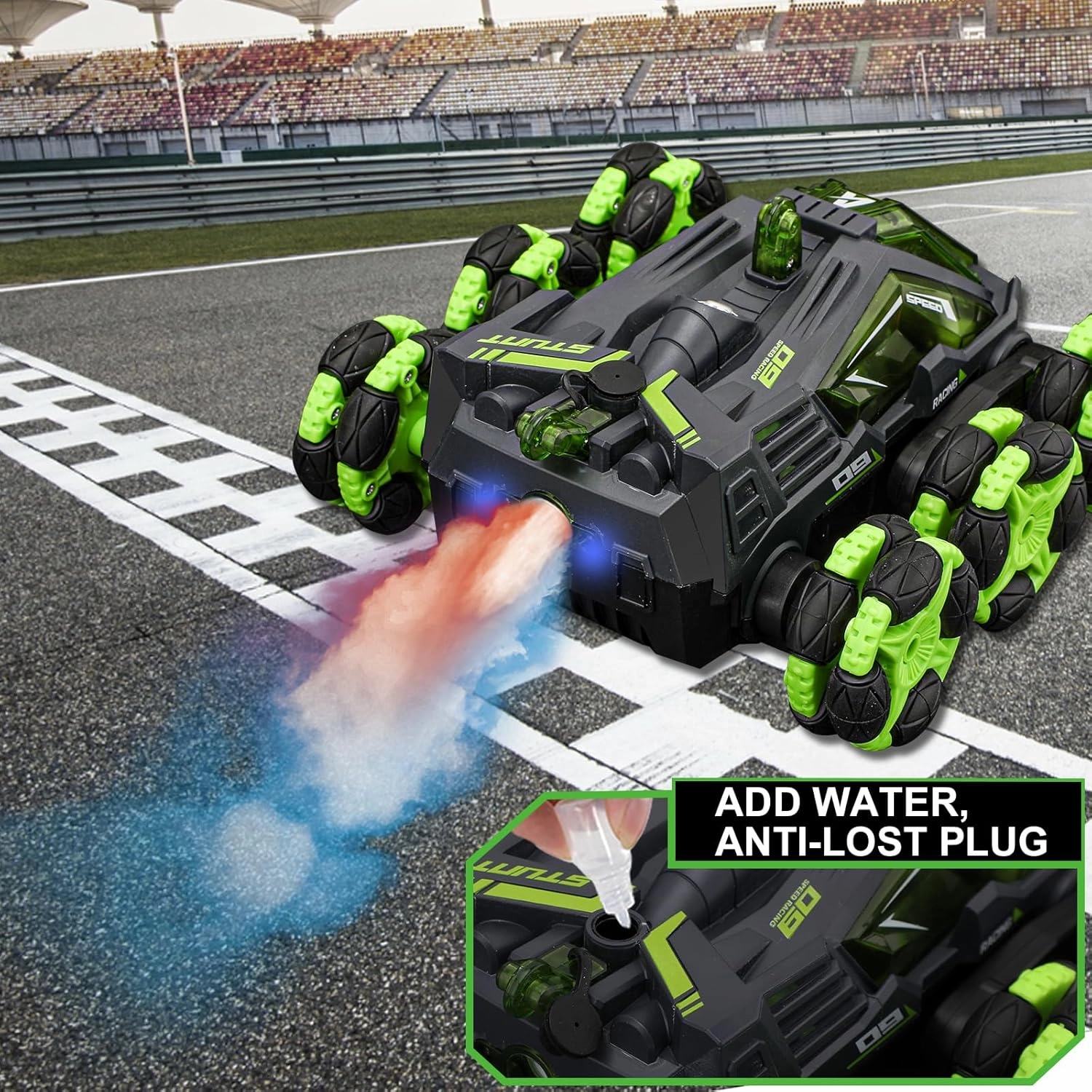 RC Stunt Car for Boys Age Above 12, 2.4 G RC Drift Stunt Car, 360° Rotating Remote Control Cars Toy for Kids, with 2 Batteries& Spray& LED Lights, Birthday Gifts for Kids (Green (6 Wheel))