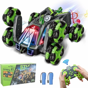 RC Stunt Car for Boys Age Above 12, 2.4 G RC Drift Stunt Car, 360° Rotating Remote Control Cars Toy for Kids, with 2 Batteries& Spray& LED Lights, Birthday Gifts for Kids (Green (6 Wheel))