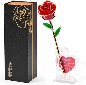 Real 24K Gold Dipped Realistic Rose – Timeless Lifelike Bloom with Heart Puzzle Base – Romantic Red Flower Gift for Her, Wife, Girlfriend, Mom – Birthday, Anniversary, Mother’s Day (Red)