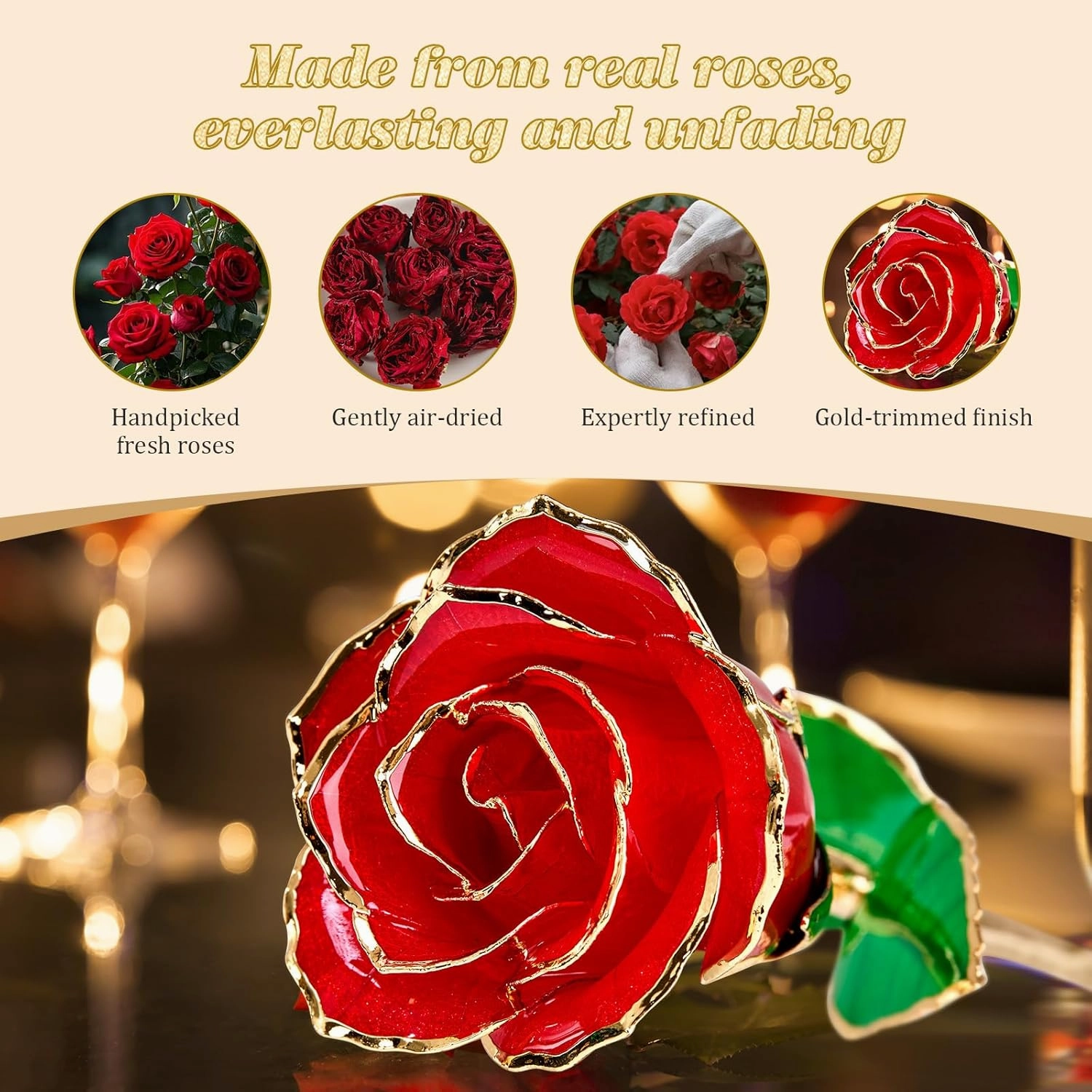 Real 24K Gold Dipped Realistic Rose – Timeless Lifelike Bloom with Heart Puzzle Base – Romantic Red Flower Gift for Her, Wife, Girlfriend, Mom – Birthday, Anniversary, Mother’s Day (Red)