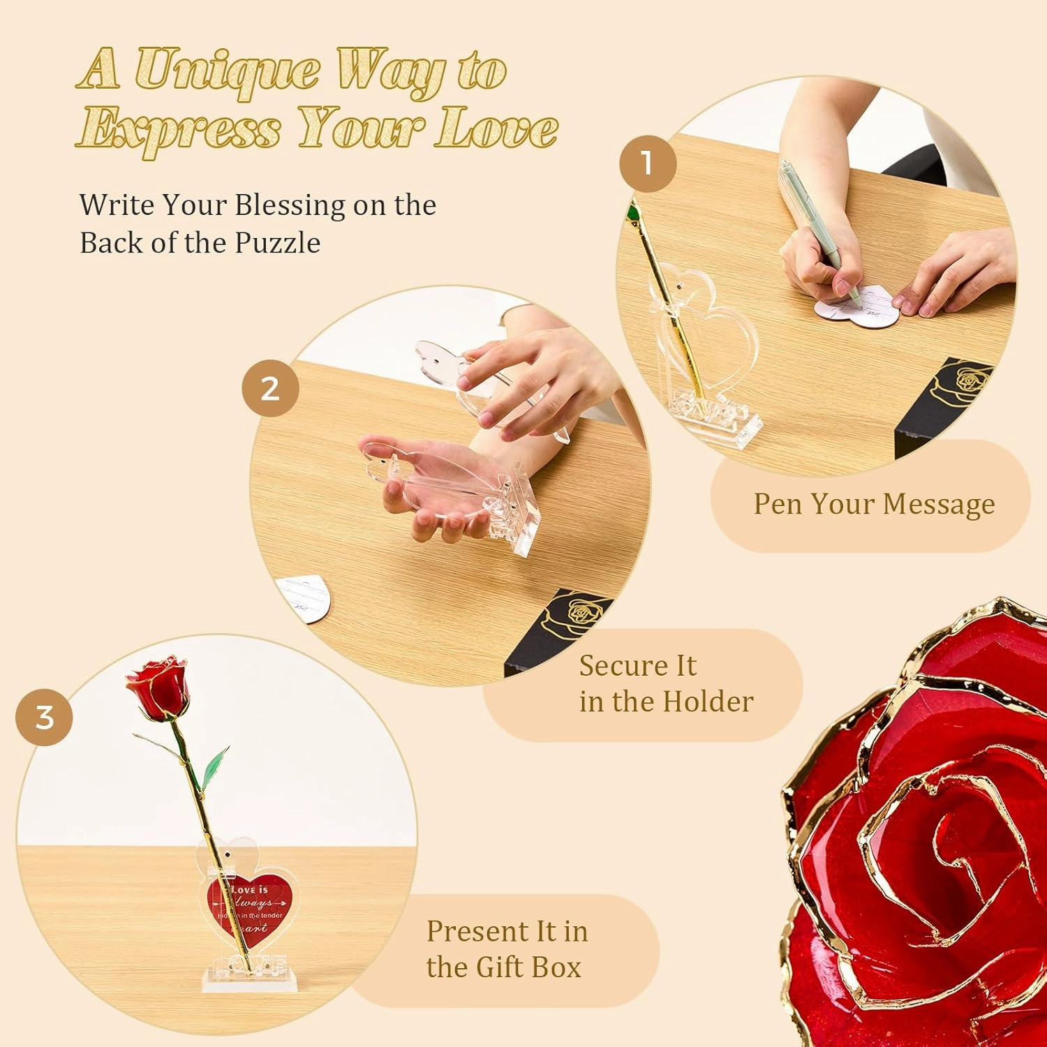 Real 24K Gold Dipped Realistic Rose – Timeless Lifelike Bloom with Heart Puzzle Base – Romantic Red Flower Gift for Her, Wife, Girlfriend, Mom – Birthday, Anniversary, Mother’s Day (Red)