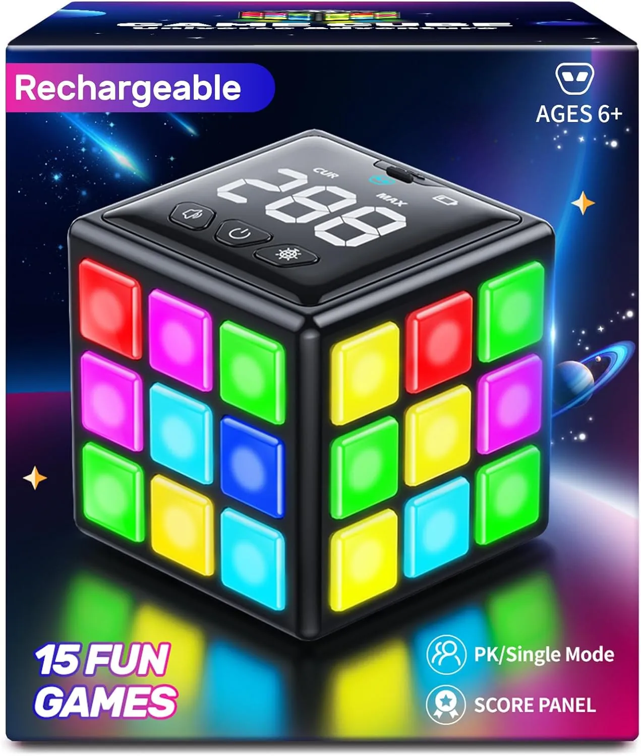 Rechargeable Game Cube - 15-in-1 Fun Brain Memory & Speed Games for Kids - Christmas Easter Birthday Gifts for Boys Girls Ages 6-12  Years Old - Toys for Kids Teens with Score Screen (Black)