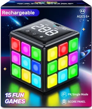 Rechargeable Game Cube - 15-in-1 Fun Brain Memory & Speed Games for Kids - Christmas Easter Birthday Gifts for Boys Girls Ages 6-12  Years Old - Toys for Kids Teens with Score Screen (Black)