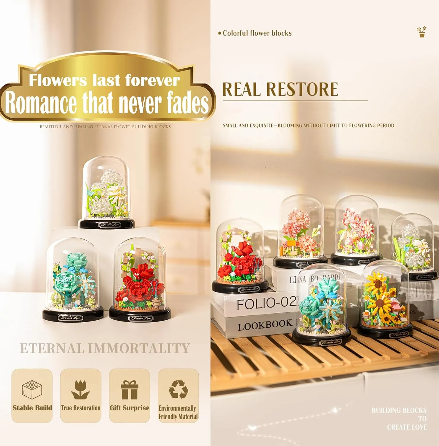 Red Rose Flower Home Bouquets Building Toy with Dust Cover - Creative Housewarming, Ideal Creative Toy Gift for Moms and Women