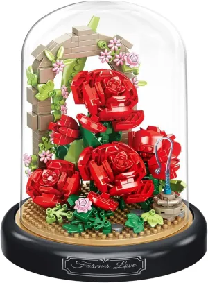 Red Rose Flower Home Bouquets Building Toy with Dust Cover - Creative Housewarming, Ideal Creative Toy Gift for Moms and Women