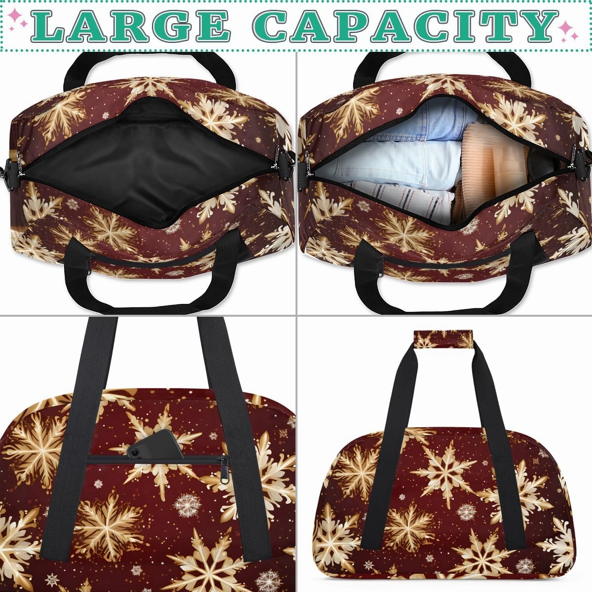 Red Snowflakes Kids Overnighter Duffel Bags for Boys, Carry-On Size Sports Gym Bag with Front Zipper Pocket for School Practice or Overnight Travel Weekender Sleepover Tote Bag