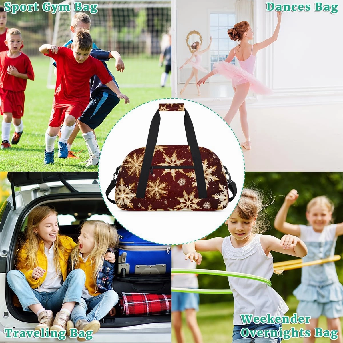 Red Snowflakes Kids Overnighter Duffel Bags for Boys, Carry-On Size Sports Gym Bag with Front Zipper Pocket for School Practice or Overnight Travel Weekender Sleepover Tote Bag