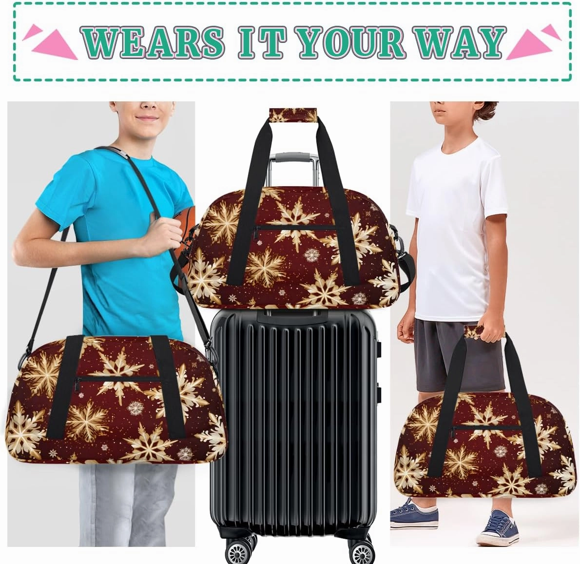 Red Snowflakes Kids Overnighter Duffel Bags for Boys, Carry-On Size Sports Gym Bag with Front Zipper Pocket for School Practice or Overnight Travel Weekender Sleepover Tote Bag