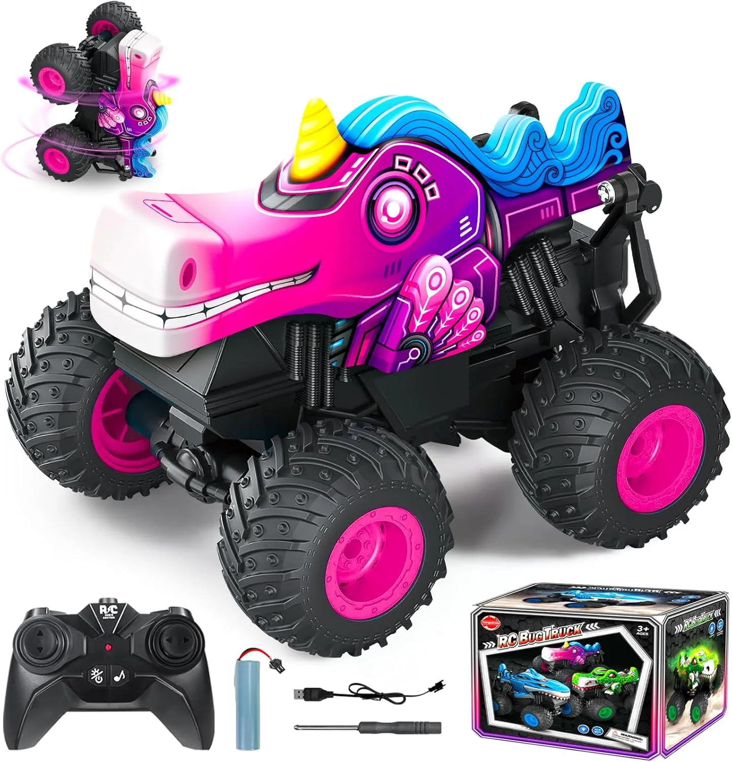 Remote Control Car, 2.4Ghz Unicorn Rc Monster Truck for Boys Girls, Rchargeable Rc Truck with Lights & Music, 360° Rotating Stunts RC Car Toy for Kids 3-5 6 7 8-12