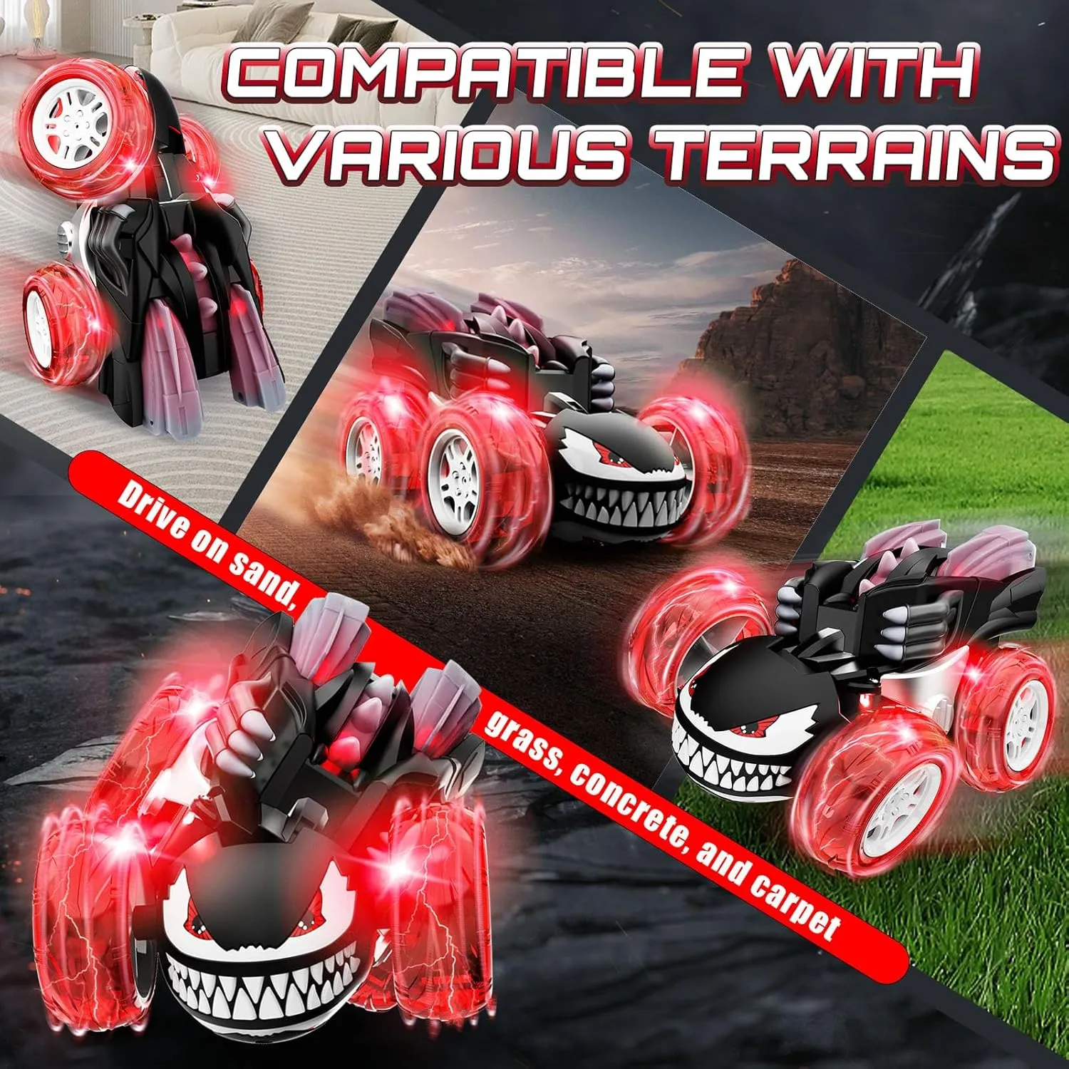 Remote Control Car for Boys, 360° Rotating 4WD Stunt RC Cars with Cute Cool LED Lights, 2.4GHz Rechargeable Car Toys Birthday Gifts for Kids Boy Age 3-6 7-9 10-12 (Black)