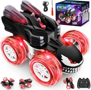 Remote Control Car for Boys, 360° Rotating 4WD Stunt RC Cars with Cute Cool LED Lights, 2.4GHz Rechargeable Car Toys Birthday Gifts for Kids Boy Age 3-6 7-9 10-12 (Black)