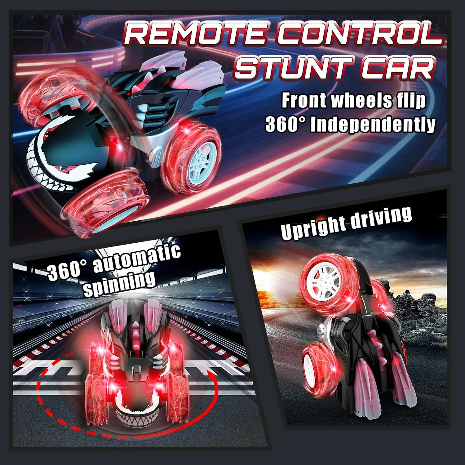 Remote Control Car for Boys, 360° Rotating 4WD Stunt RC Cars with Cute Cool LED Lights, 2.4GHz Rechargeable Car Toys Birthday Gifts for Kids Boy Age 3-6 7-9 10-12 (Black)