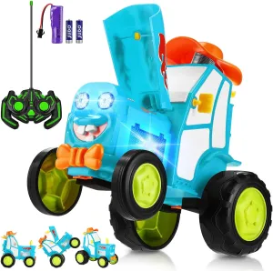 Remote Control Car for Boys 4-7 8-12,90° Upright Crazy Jumping Stunt RC Cars with Headlights and Music,Rocking Electric Tractor Car Toys for Boys Age 6 7 8-12 13 14,Birthday Gift Ideas for Kids (Blue)