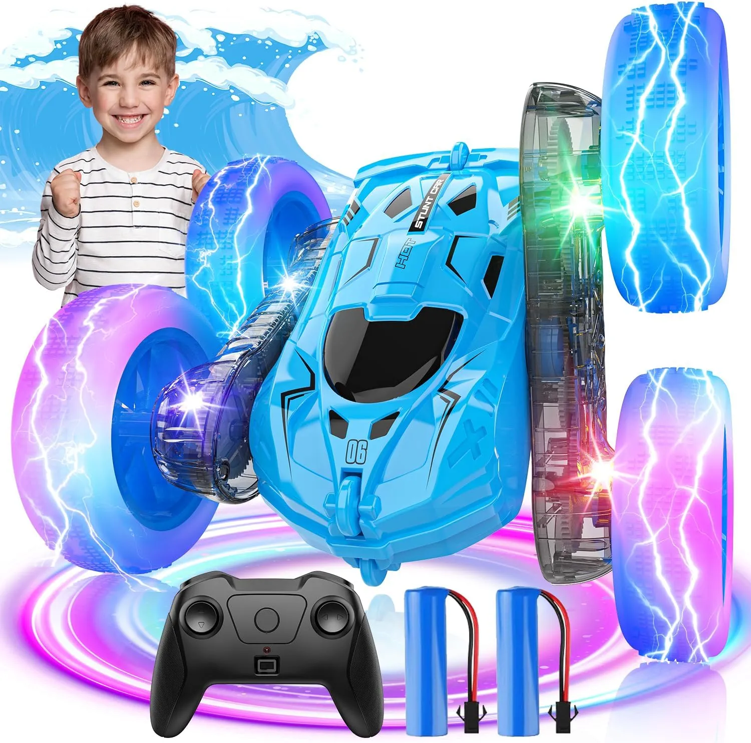 Remote Control Car for Boys Blue Double-Sided 360°Flip RC Cars, Colorful Lights, Multi-Terrain Driving and Rechargeable Battery RC Car,Toys for Ages 2-4,Suitable for Girls Boys Ages 4-12 Toys Gifts