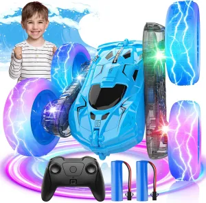 Remote Control Car for Boys Blue Double-Sided 360°Flip RC Cars, Colorful Lights, Multi-Terrain Driving and Rechargeable Battery RC Car,Toys for Ages 2-4,Suitable for Girls Boys Ages 4-12 Toys Gifts