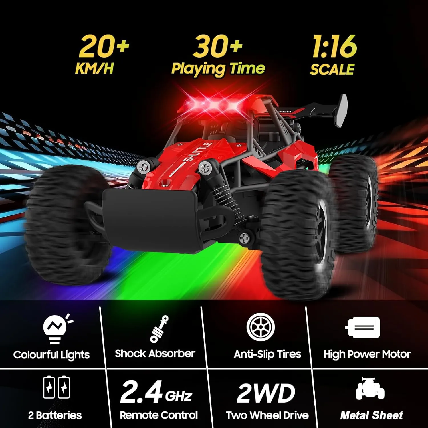 Remote Control Car for Kids 3 4 5 6 7 , 20 KM/H High-Speed RC Cars with LED Lights, 2.4GHz 2WD Monster Truck Toys, Rechargeable RC Car, Toy Cars for Girls Boys, Christmas & Birthday Gifts – Red