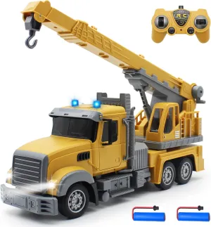 Remote Control Crane Truck Toy, RC Crane Truck 7 Channel 1:24 Construction Vehicles Toys，with One-Touch Lift Sounds & Lights, Two Rechargeable Batteries, Kids Cranes Toy for Boy Gift