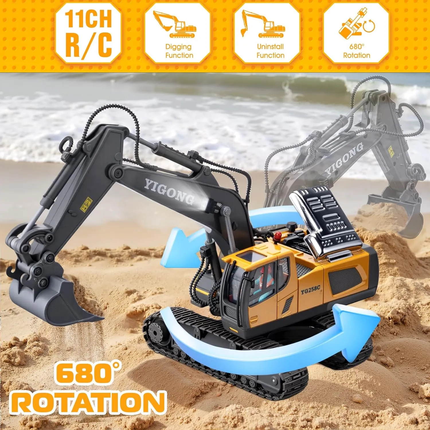 Remote Control Excavator Toys, 11 Channel 1:20 RC Construction Vehicles, 680° Rotation Hydraulic Car Toys for 4 5 6 7 8 9 10 Year Old Boys Kids, RC Truck Digger Toys Christmas Birthday Gifts