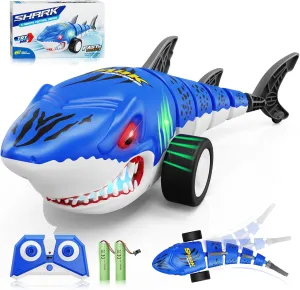 Remote Control Shark Toys, RC Shark Cars with Led Light, Rechargeable RC Robot Toy for Kids, 360° Rotating & Swinging Tail, Birthday Gifts for Girls Boys Age 3 4-6 6-8