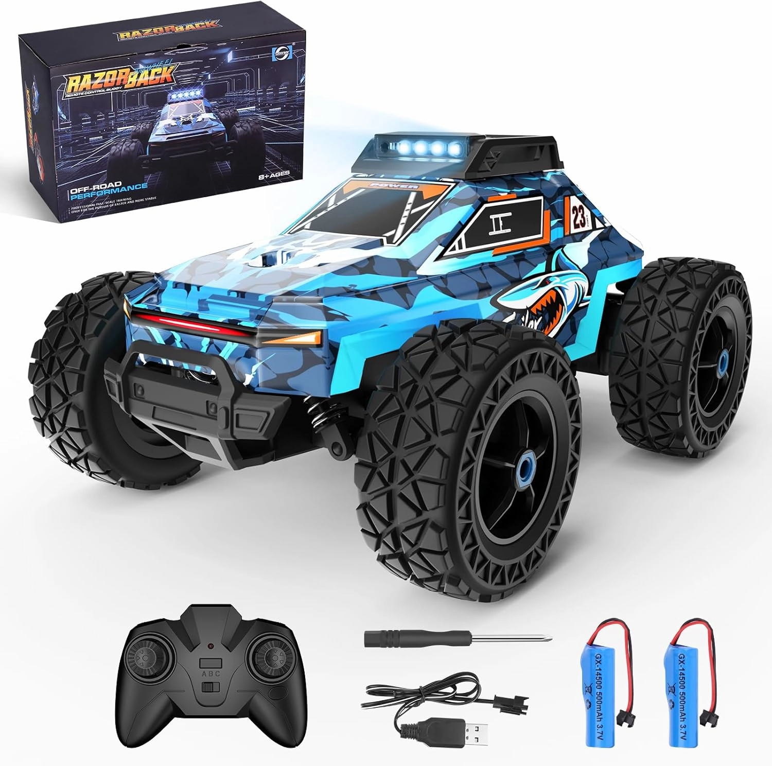 Remote Control Car, All Terrain Remote Control Truck for Boy, 2.4GHz Rc Car with Led Headlight and Two Rechargeable Batteries, 20KM/H Monster Truck Toys Gift for Adult Boys 8-12